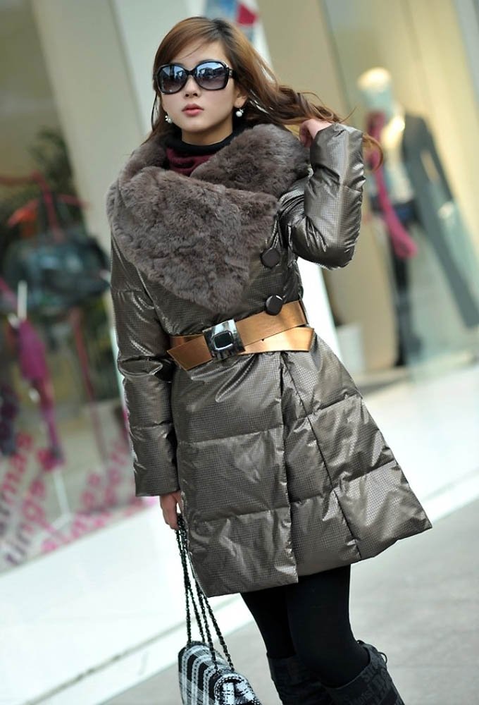 Free Shipping Women Real Rabbit Fur Collar Duck Down Coat,Trench Coat For Women With Belt  Outerwear Retail Wholesale HL132