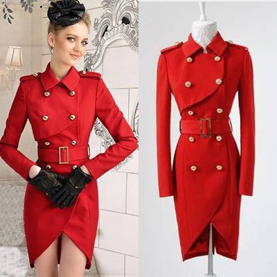 Free shipping women red double-breasted tulip long-sleeved coats and jackets slim belt  winter new fashion outerwear