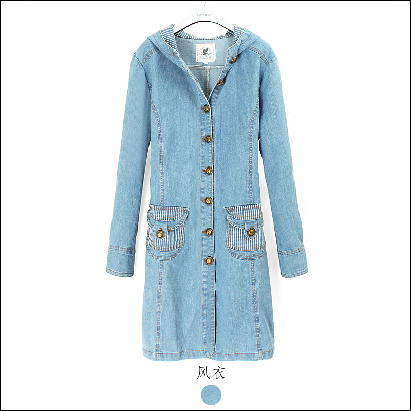 Free shipping women's 100% cotton cowboy  trench plus size ,female outerwear women's sweet long design  losse trench with a hood