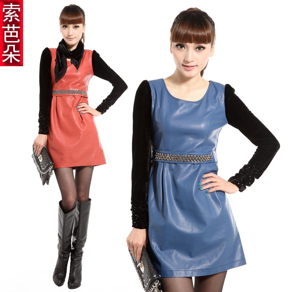 Free Shipping Women's 2012 autumn leather clothing PU skirt long-sleeve autumn one-piece dress 8815