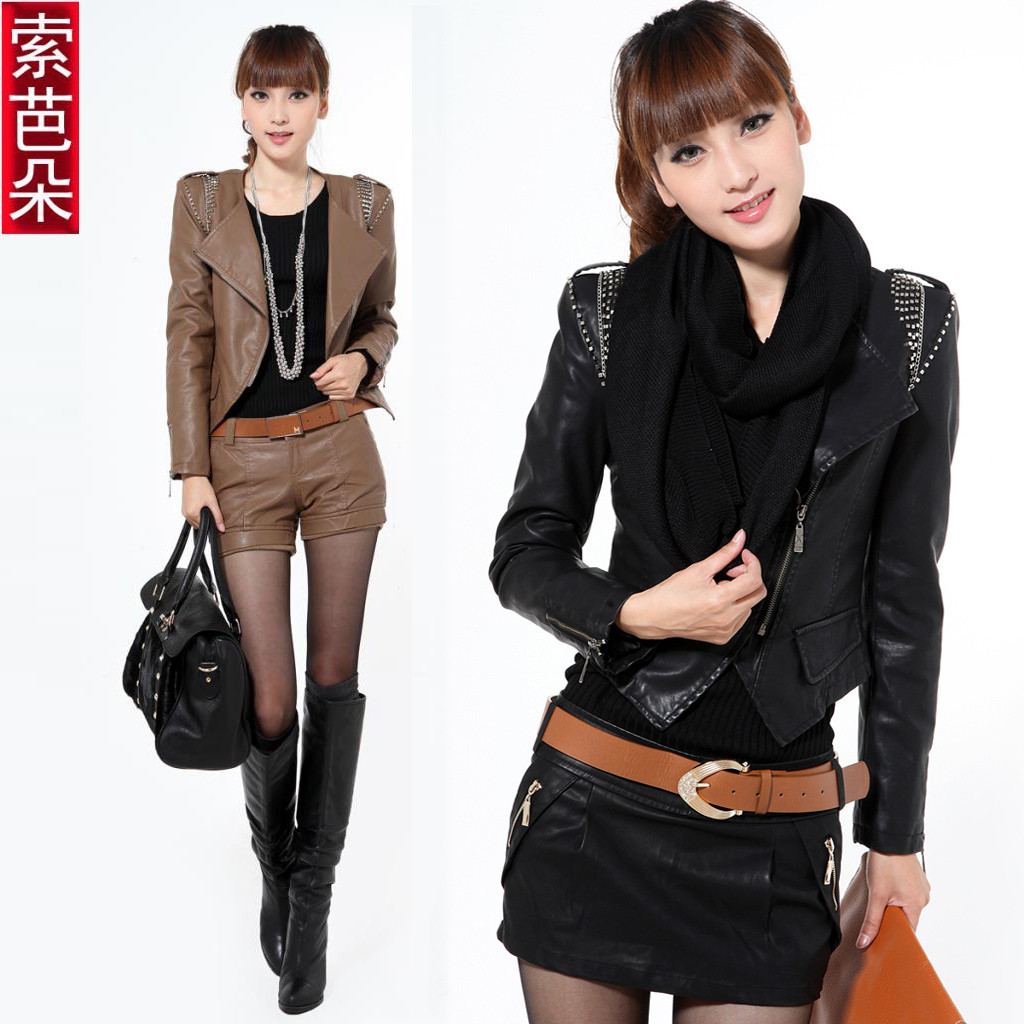 Free Shipping Women's 2012 autumn motorcycle jacket short design coat water washed leather wadded jacket PU clothing