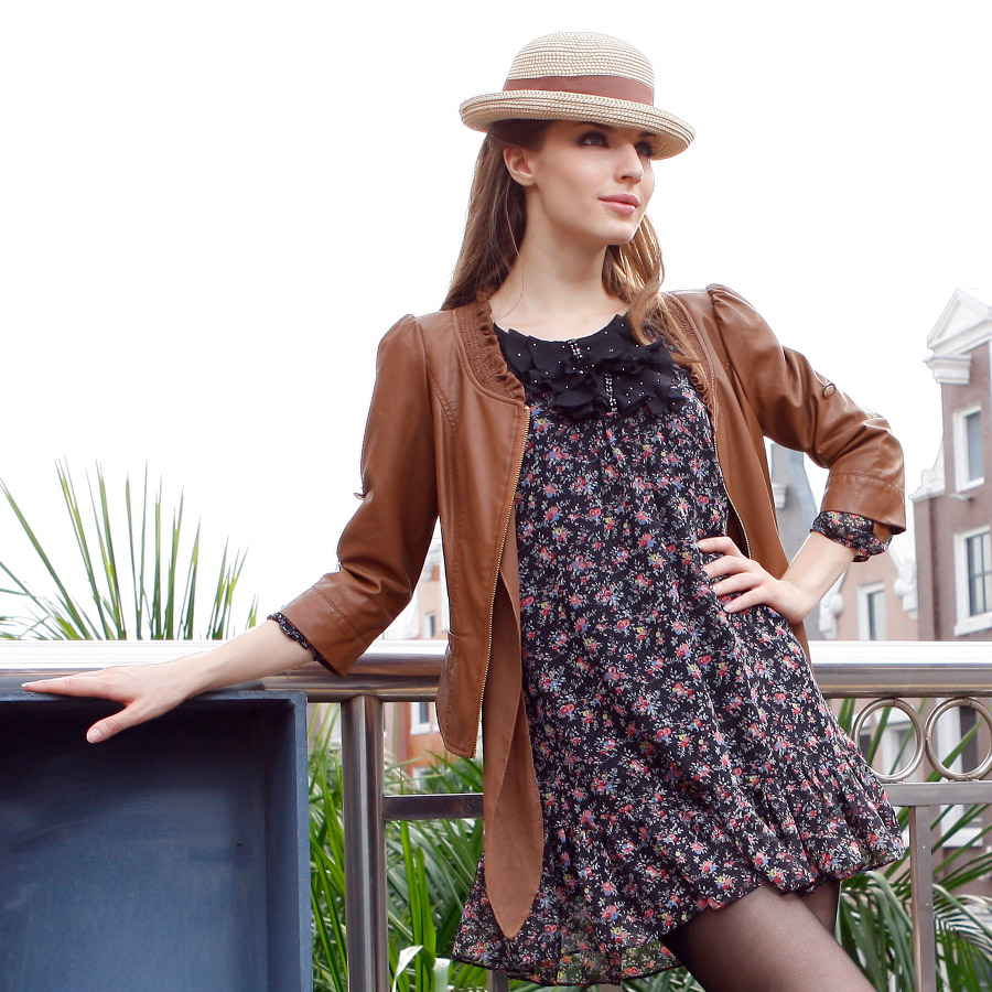free shipping Women's 2012 autumn o-neck leather coat original design motorcycle leather clothing 6057