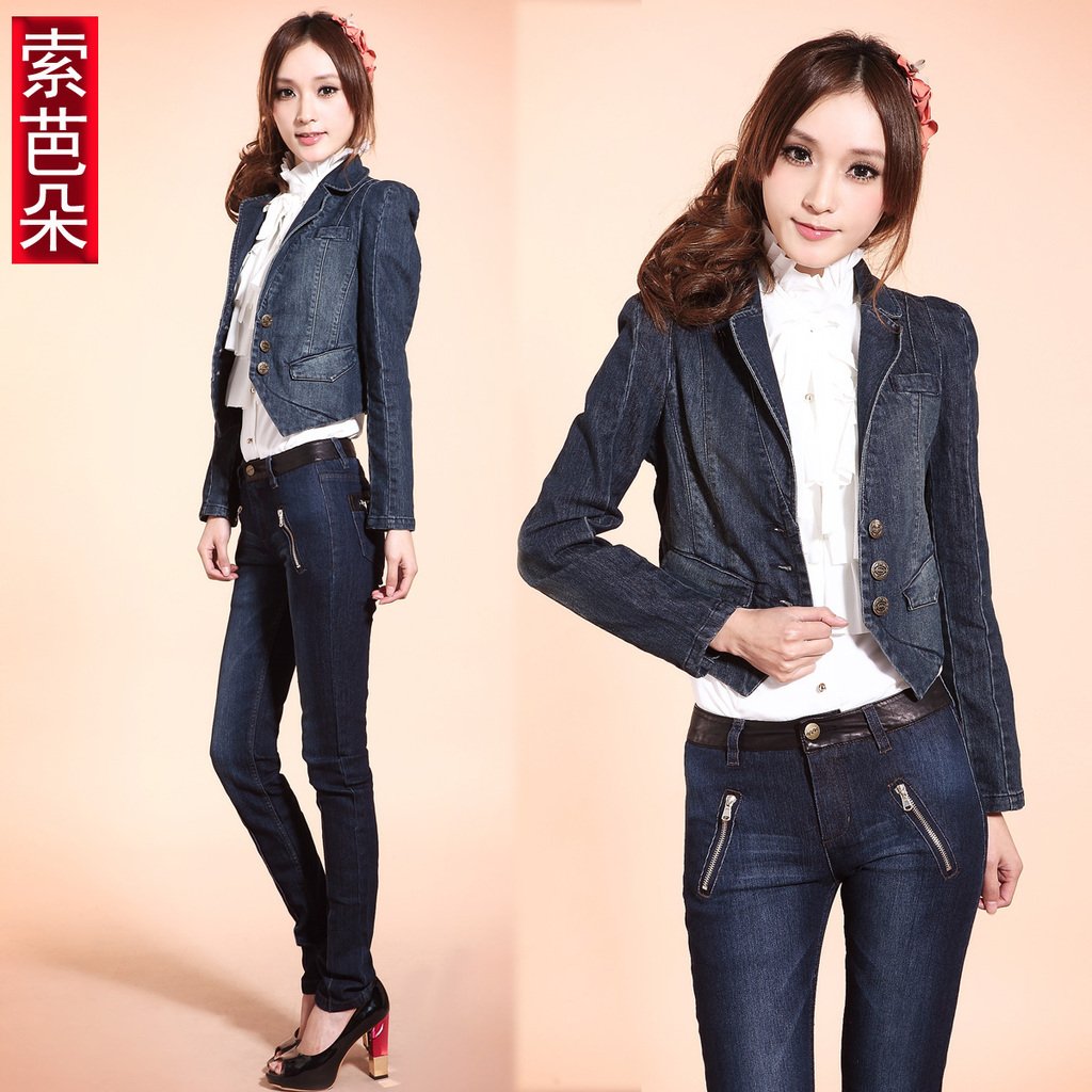 free shipping, Women's 2012 autumn water wash short design suit turn-down collar top denim jacket denim outerwear