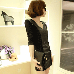 free shipping Women's 2012 new arrival autumn and winter fashion bag leather skirt lace short skirt long-sleeve  dresses