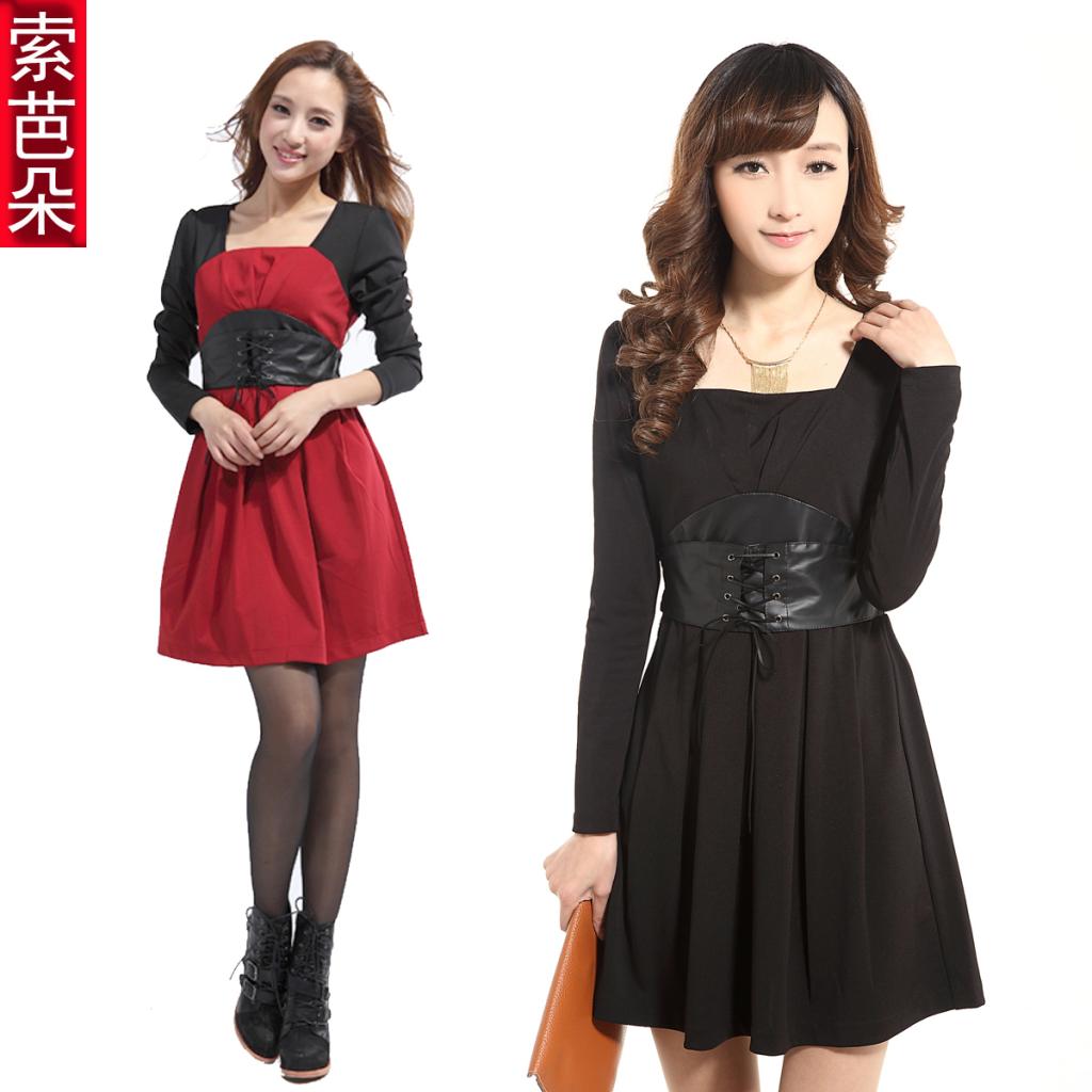 free shipping, Women's 2012 spring fashion PU water washed leather tiebelt long-sleeve dress 1812