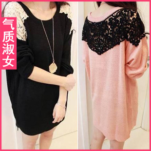 Free  shipping, Women's 2012 sweet lace patchwork o-neck long-sleeve loose sweater h809 autumn