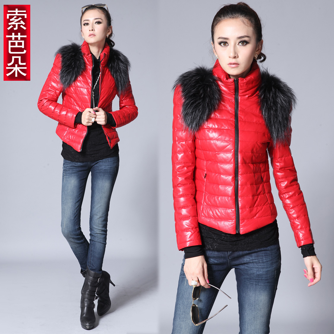 Free Shipping Women's 2012 winter raccoon fur sheepskin outerwear short design genuine leather down coat leather clothing