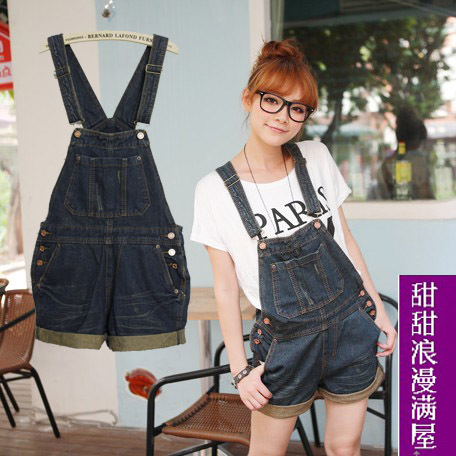 Free Shipping Women's 2013 Dark Blue denim suspenders shorts c1529 high quality wholesale