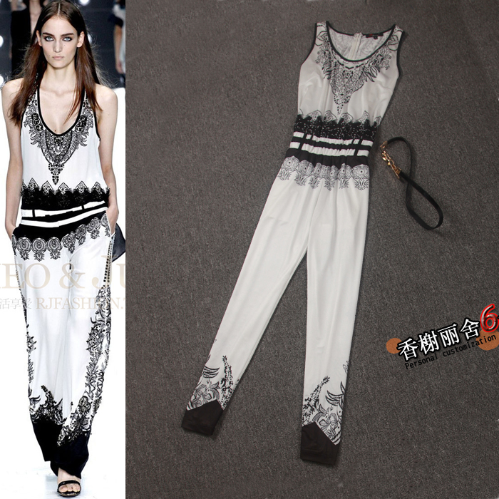 free shipping,Women's 2013 spring summer harem pants skinny belt slim sleeveless vest jumpsuit,printed black,white