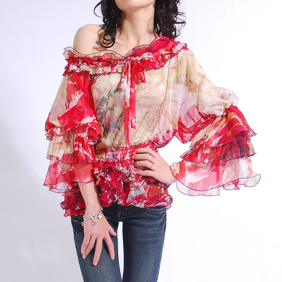 free shipping Women's 2013 summer splash-ink red color block princess shirt strapless chiffon T-shirt long-sleeve shirt