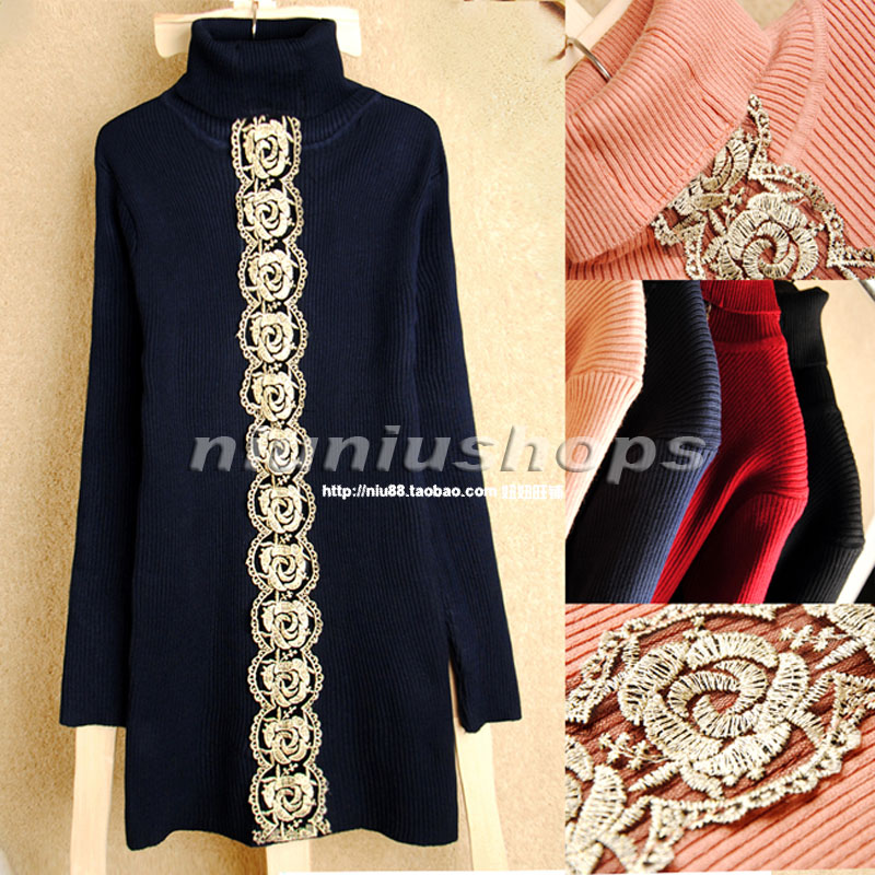 Free Shipping, Women's 2013 sweet elegant gold lace turtleneck thermal slim thread basic shirt sweater
