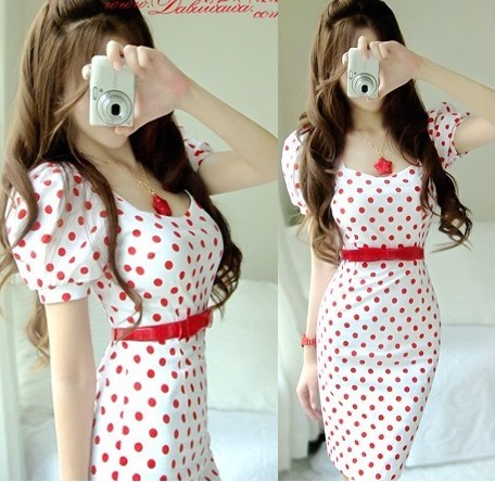 free shipping women's 5288001 sweet polka dot gentlewomen slim bubble short-sleeve dress