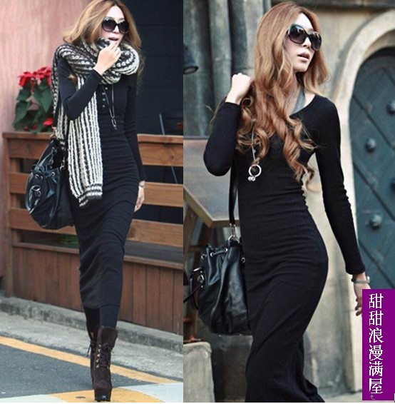 free shipping  women's 861263 fashion all-match slim long design black one-piece dress full dress