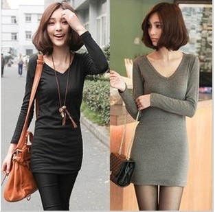 Free Shipping  Women's All-match V-neck Cotton Long-sleeve T-shirt Long Design Basic Shirt Slim Hip  knitwear TS-007