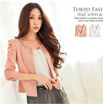 Free shipping! Women's autumn OL outfit slim puff sleeve rhinestone pasted o-neck short jacket