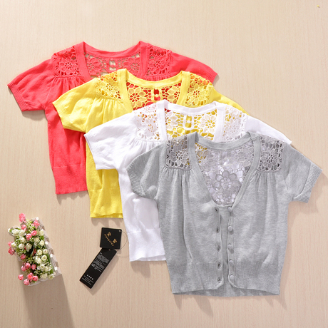 Free Shipping Women's Back Hollow Out Short Sleeve Cardigan Sweater  Lady's Crochet Flower Knitwear