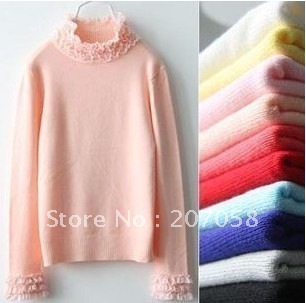 Free shipping women's basic pullover sweater with lace decoration / long sleeve basic sweater