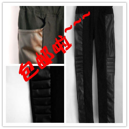 Free Shipping! Women's black leather cotton pencil basic long trousers tight elastic pants butt-lifting