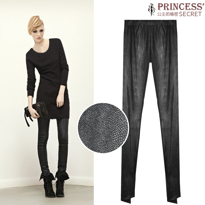 Free shipping   women's black serpentine pattern faux leather elastic waist pants fashion pencil pants legging