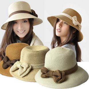 Free shipping Women's bow bucket hat strawhat large brim summer sunbonnet bucket hats big beach cap sun hat