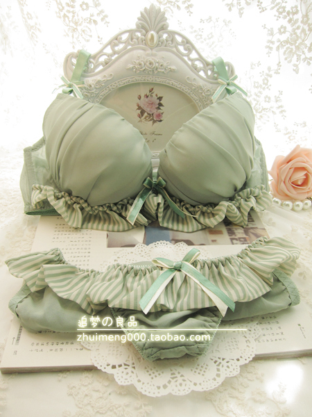 Free shipping women's bra underwear set green stripe small skirt chiffon  push up