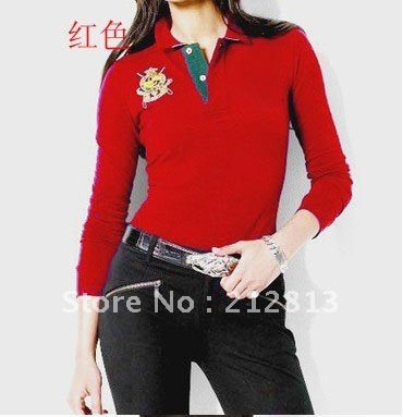 Free shipping,Women's brand polo shirts,long sleeve polo shirts,100% Cotton,mixed order, Wholesale and retail,color red