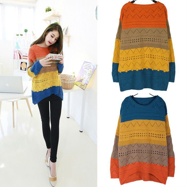 Free Shipping WOMEN'S CANDY SPELL COLOR ROUND NECK LOOSE JUMPERS patchwork Sweaters -drop shipping