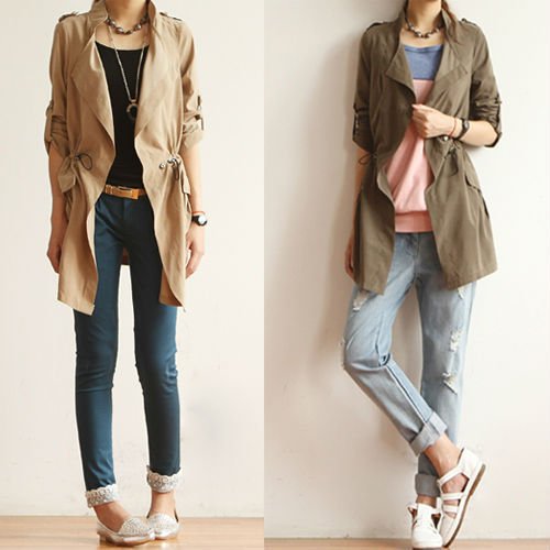 Free Shipping WOMEN'S CASUAL ROLL UP SLEEVE DRAWSTRING TRENCH COAT-drop shipping