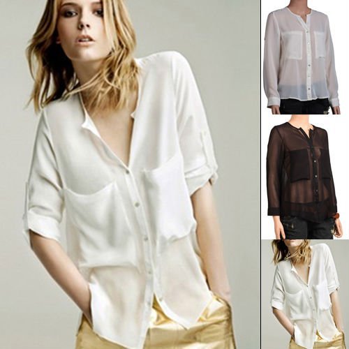 Free Shipping women's CREW NECK 2 POCKETS CHIFFON SHIRT BLOUSE SEE THROUGH FOLDABLE SLEEVES-drop shipping