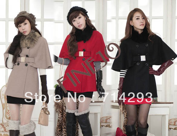Free Shipping Women's Double-breasted Faux Fur Collar Batwing Cape Trench Coats Outerwear Belt 3553