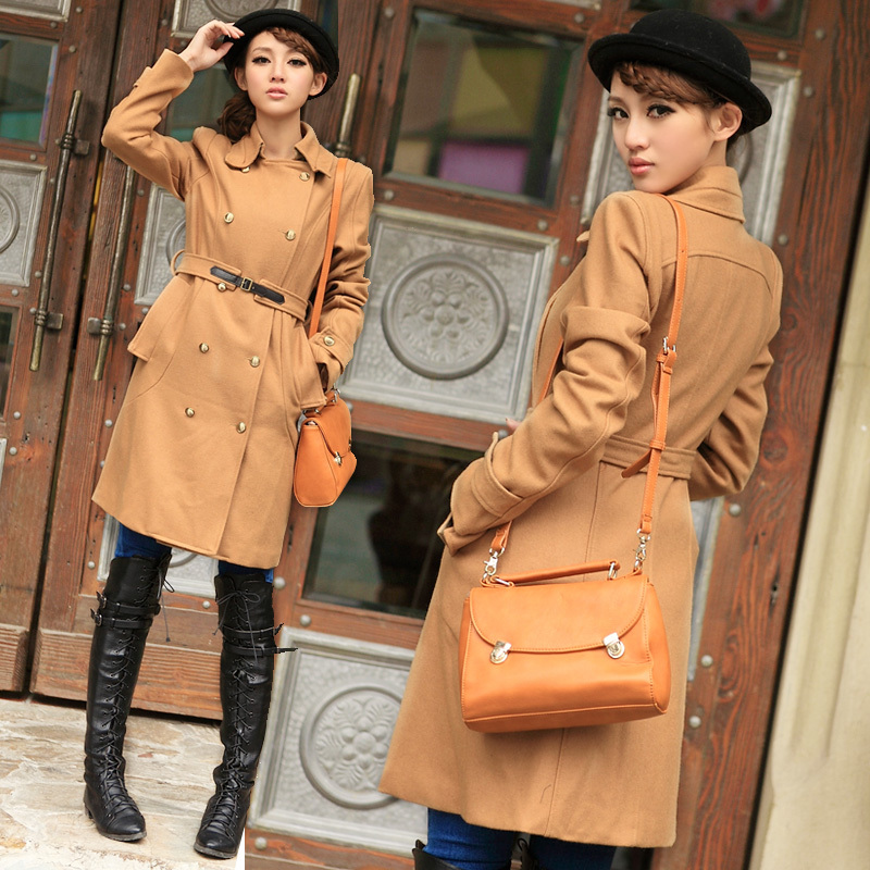 free shipping Women's double breasted slim woolen trench faux long design woolen outerwear woolen overcoat all-match