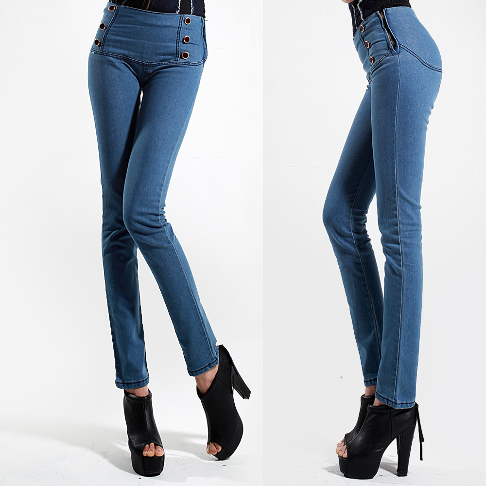 Free shipping Women's double breasted vintage light blue plus size high waist jeans pencil pants skinny pants