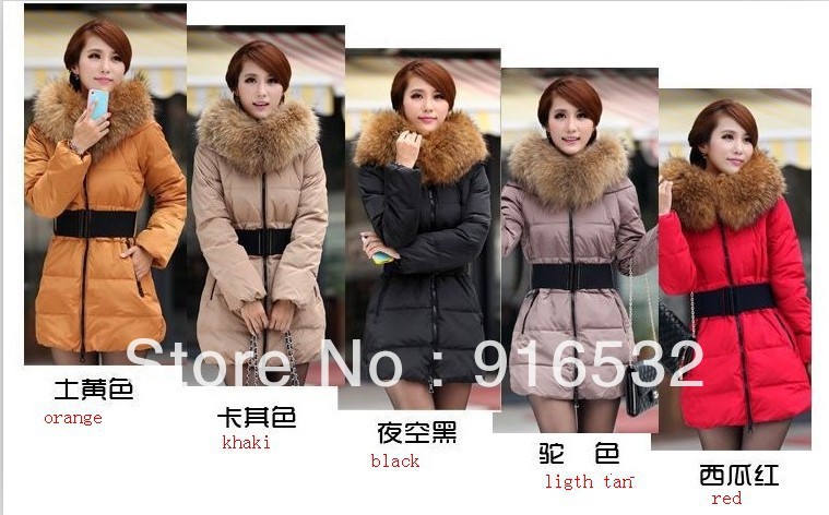 Free shipping women's down coat Goose Down Jacket winter warm fashion coat Fur collar slim lady's down jacket 5 color for belt