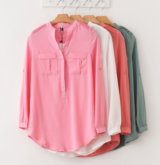 Free shipping Women's Fashion Chiffon Blouse V neck Shirt Candy Color Long Sleeve Pocket Design M-L 4 COLORS SY0013