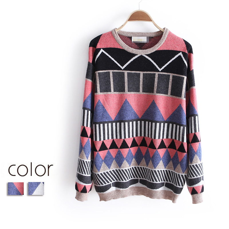 free shipping Women's fashion geometry print pullover loose comfortable sweater wx1194