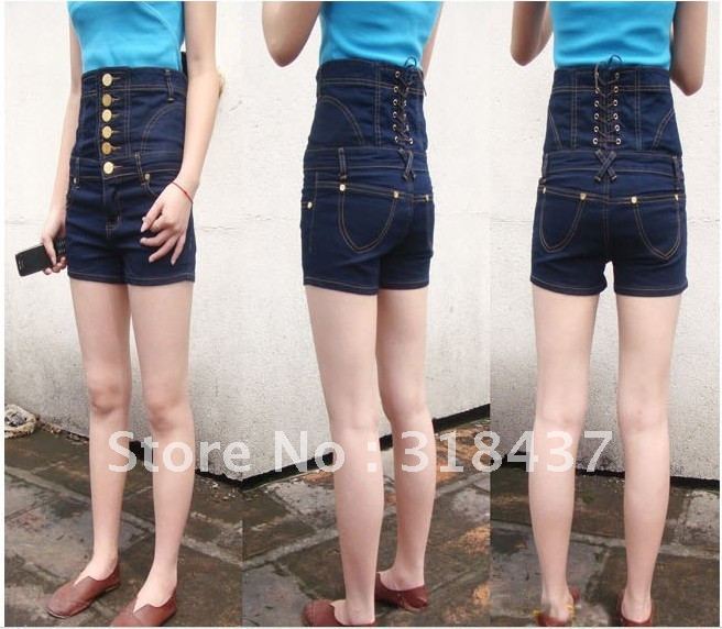 FREE SHIPPING  Women's Fashion Gold Button High Waist Jumpsuit Denim Shorts Pants 2012