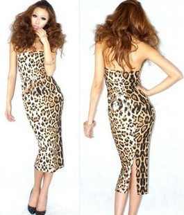Free shipping women's fashion leopard print pattern sexy tube top full dress,women's slim hip  dress,women's leopard dresses