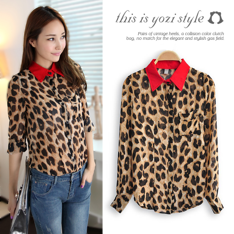Free shipping women's  fashion leopard print turn-down collar long-sleeve chiffon shirt ,women's office Shirts, female Blouse