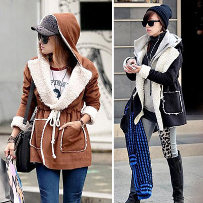 free shipping,women's fashion quality imitation deerskin berber fleece with a hood medium-long drawstring big outerwear