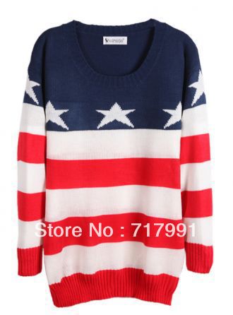 Free Shipping Women's Fashion Spring Red White Blue Striped Long Sleeve Stars Print Sweater