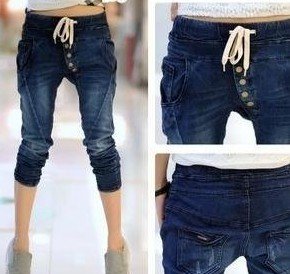 Free shipping Women's Fashion style denim pants Elastic Waist jeans pants lady casual loose trousers