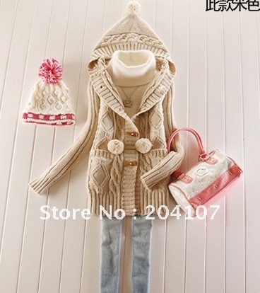 free shipping women's fashion sweet cardigan sweaters warm cotton with hat Imitate horn buckles slim outwear knitwear