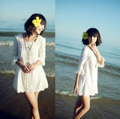 Free Shipping Women's Fashion Sweet Crochet Square Neck 3/4 Sleeve Lace Party Wear Tops Mini Dress