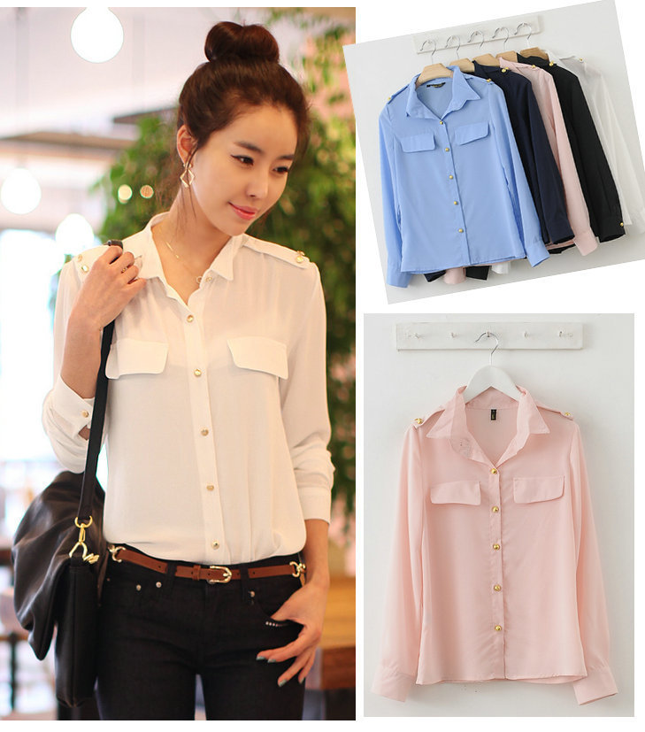 Free shipping!Women's fashion tops OL blouse chiffon long sleeve epaulette shirts,5 colors,Y014