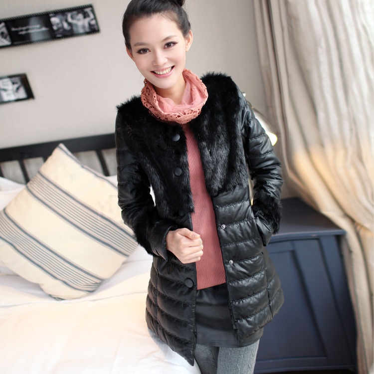 Free Shipping!! women's faux slim medium-long leather wadded jacket