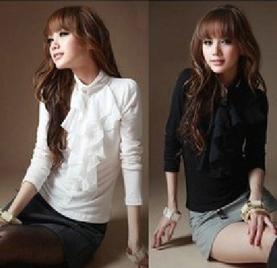 FREE SHIPPING women's gentlewomen fashion ruffle stand collar slim long-sleeve shirt