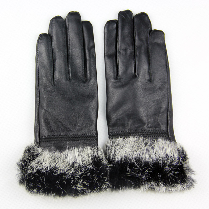 Free shipping Women's Genuine leather gloves  two-color rabbit fur wool sheepskin plus velvet warm gloves