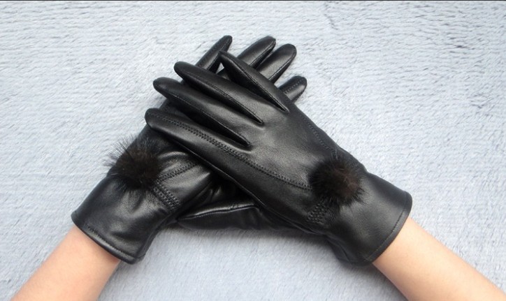 Free Shipping Women's Genuine Sheep Skin Leather Gloves Black Glove Winter Glove Keep Warm Gloves
