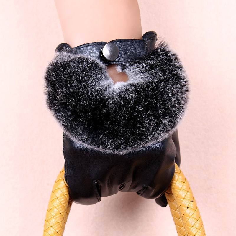 Free Shipping Women's Genuine Sheep Skin Leather Gloves Rabbit Hair Glove