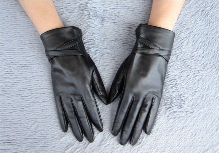 Free Shipping Women's Genunie Sheep Skin Leather Gloves Winter Glove Keep Warm Glove With Two Belt Decorcation